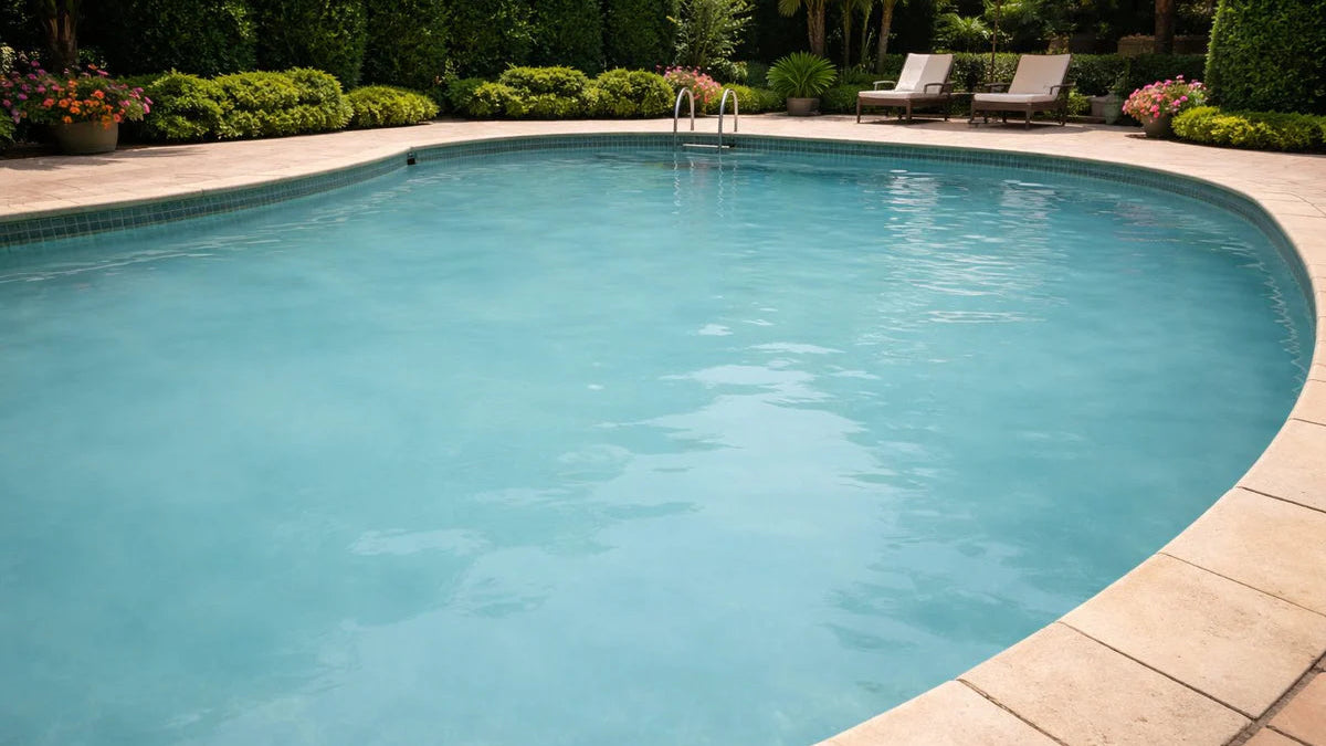A curved swimming pool with cloudy turquoise water, surrounded by a light beige stone deck, trimmed green hedges, palm trees, and a patio umbrella with lounge chairs in the background.